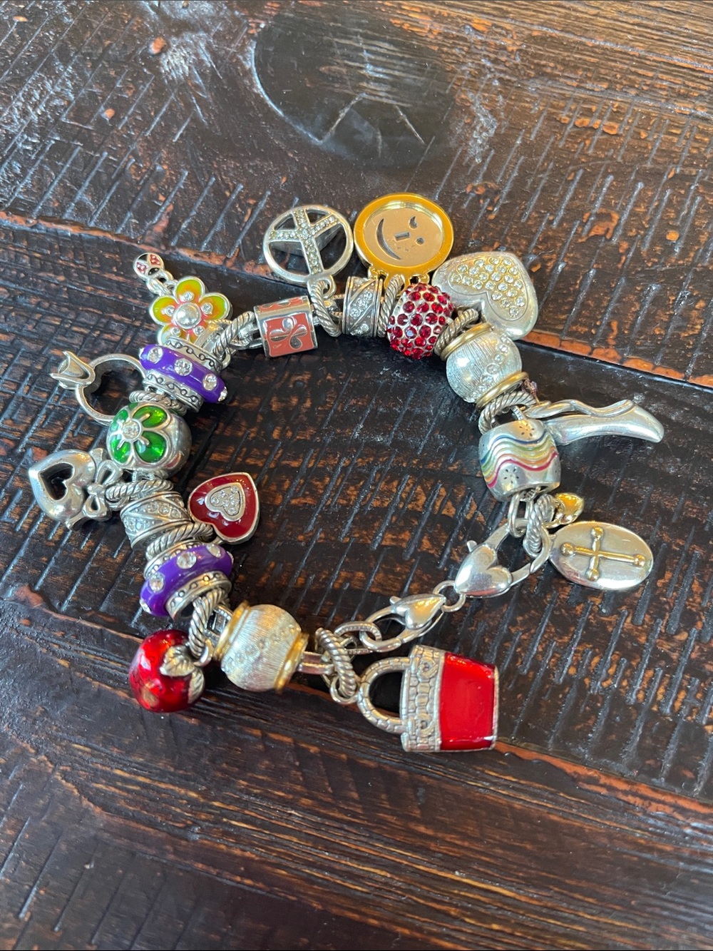 Silver Charm Bracelet with Red, Purple & Green Enamel Charms